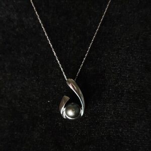 14K White Gold Tahitian Swirl Black Pearl Pendant Necklace Estate Jewelry 9mm